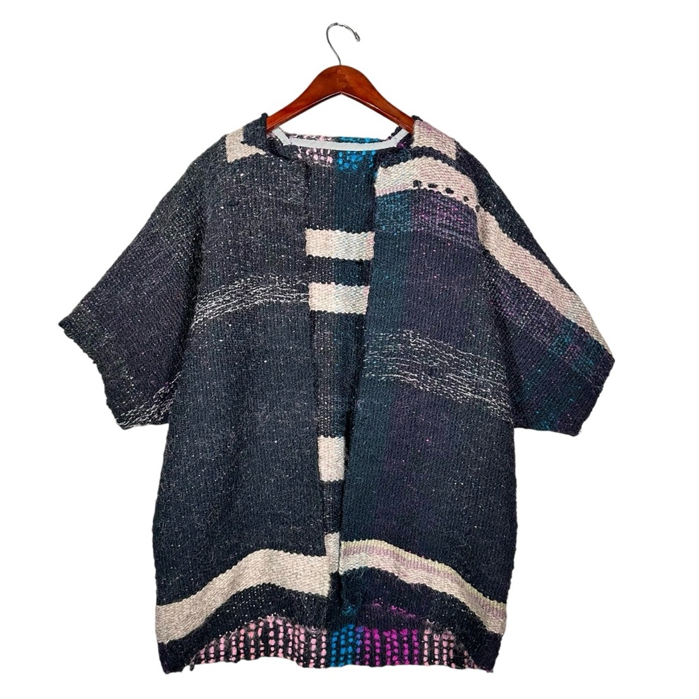 VINTAGE Boxy Open Front Woven Wool Saori Kimono Woven Poncho - Picture 10 of 10
